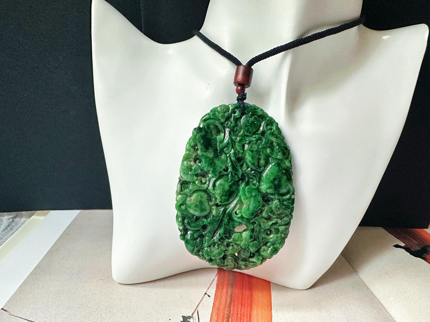 Handcrafted Giant Intense Green Jade Pendant | Artisan-Carved Ruyi, Peach, Monkey, and Lucky Symbols | Unique Jade Jewelry