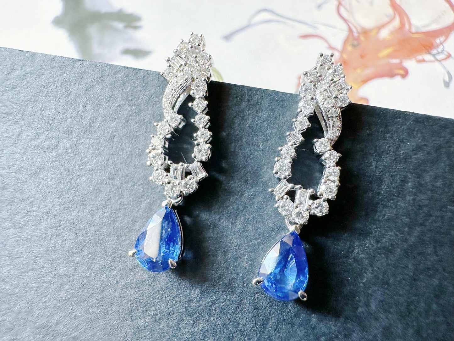 Natural Sri Lanka Vivid Blue Sapphire Set in 18k White Gold Drop Earrings, Diamond Ear Studs, September Birthstone