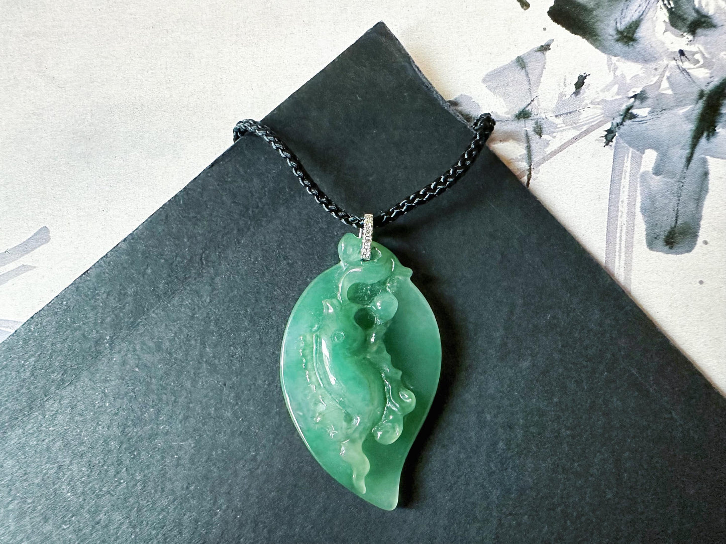 Natural Teal Green Jade Fish Pendant in 18K White Gold with Diamond Bail