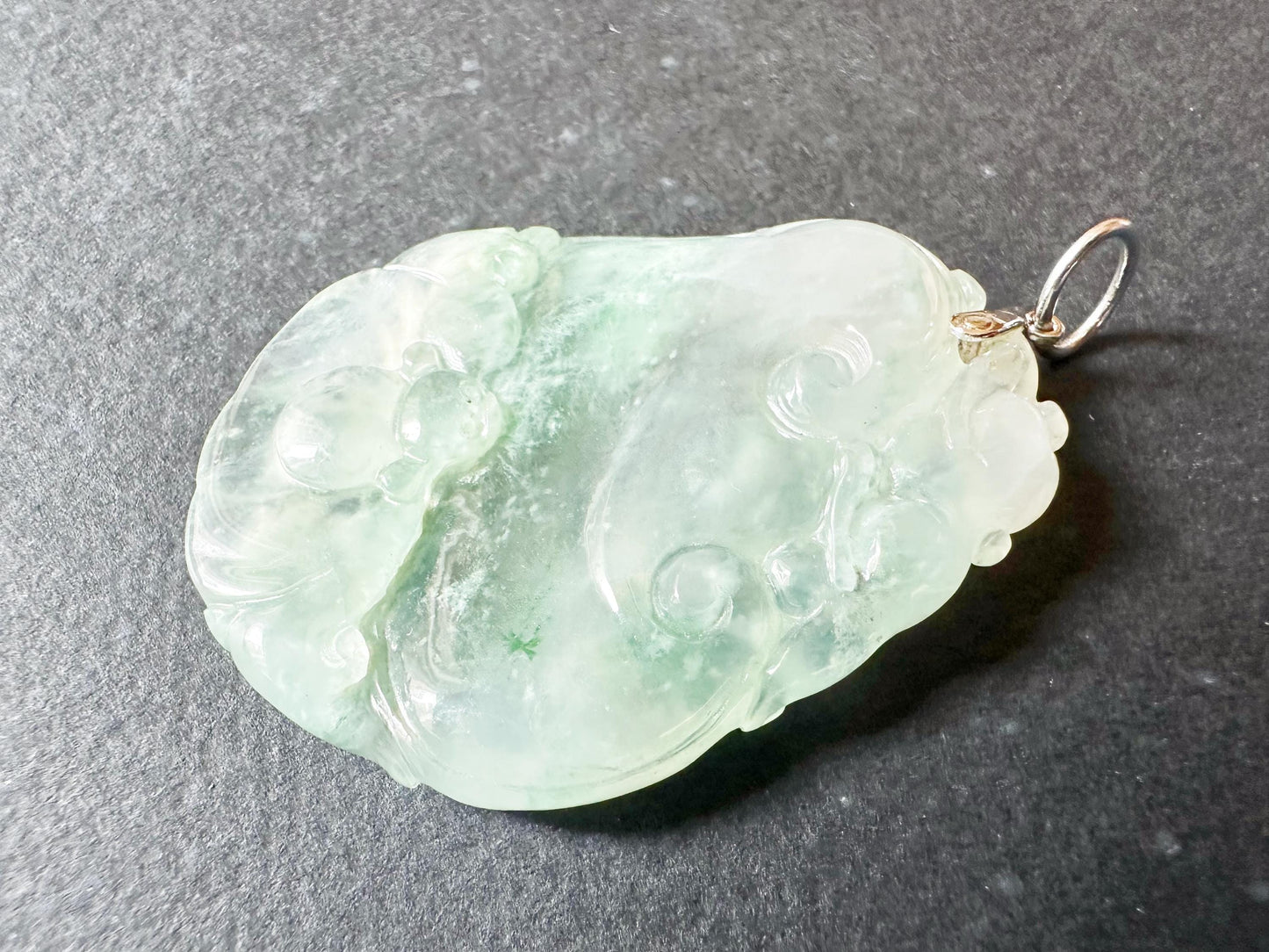 Natural Myanmar Icy Texture Blusih Green Ruyi Jade Pendant, with 18K White Gold Bail