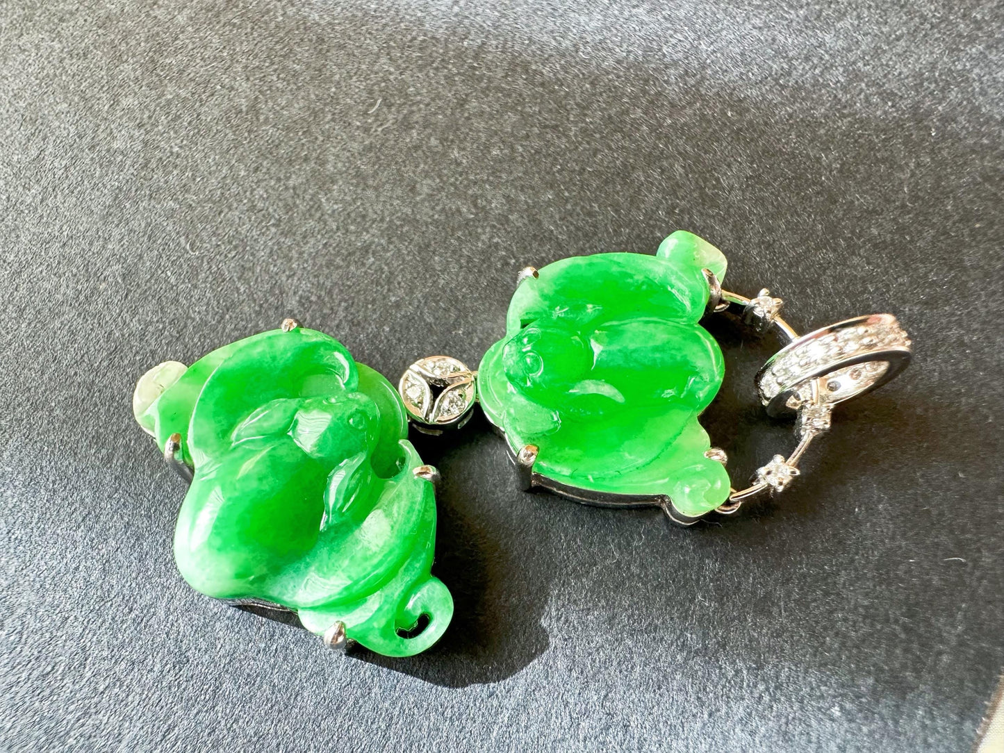 Natural Myanmar Twin Bats Vivid Green Jade Pendant in 18K White Gold with Diamonds