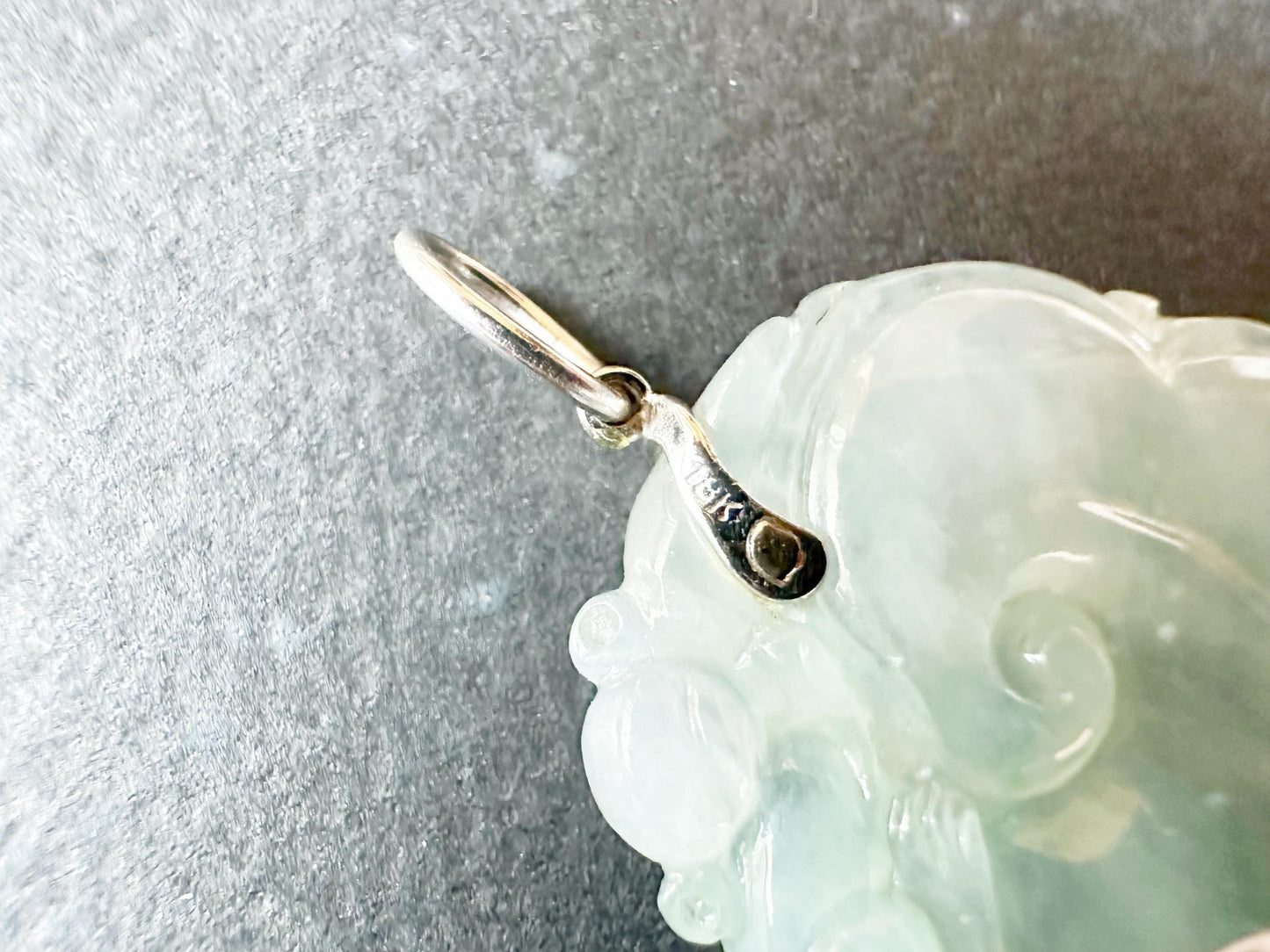 Natural Myanmar Icy Texture Blusih Green Ruyi Jade Pendant, with 18K White Gold Bail