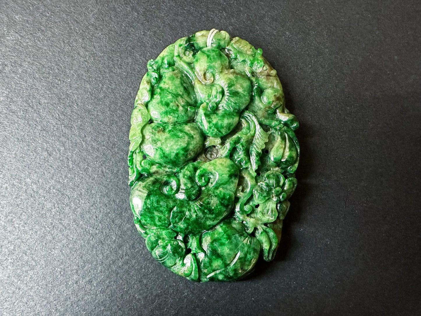Handcrafted Giant Intense Green Jade Pendant | Artisan-Carved Ruyi, Peach and Lucky Symbols | Unique Jade Jewelry