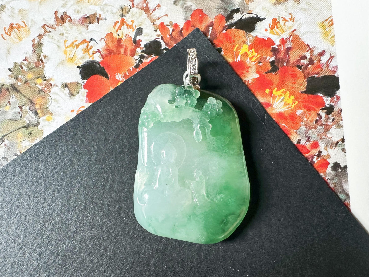 Natural Myanmar Icy Type Jade Pendant with 18K Gold Diamond Bail, Buddha Meditating under a Tree