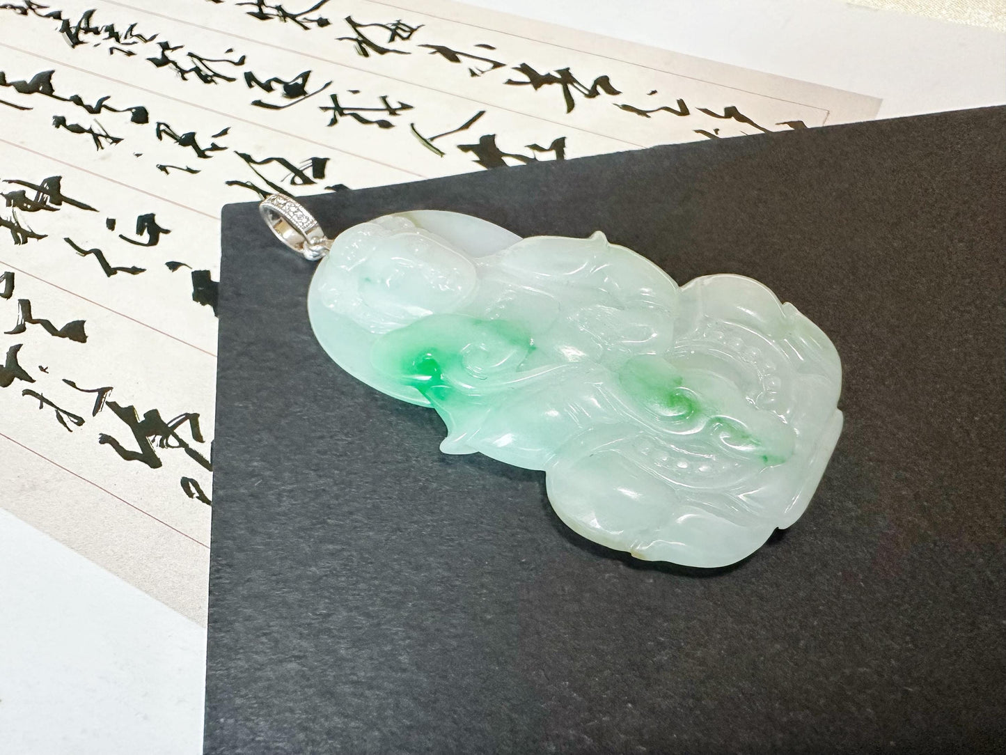 Natural Myanmar Guan Yin Green Jade Pendant with 18K White Gold and Diamond Bail