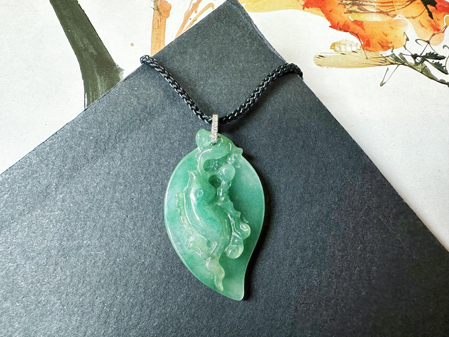 Natural Teal Green Jade Fish Pendant in 18K White Gold with Diamond Bail