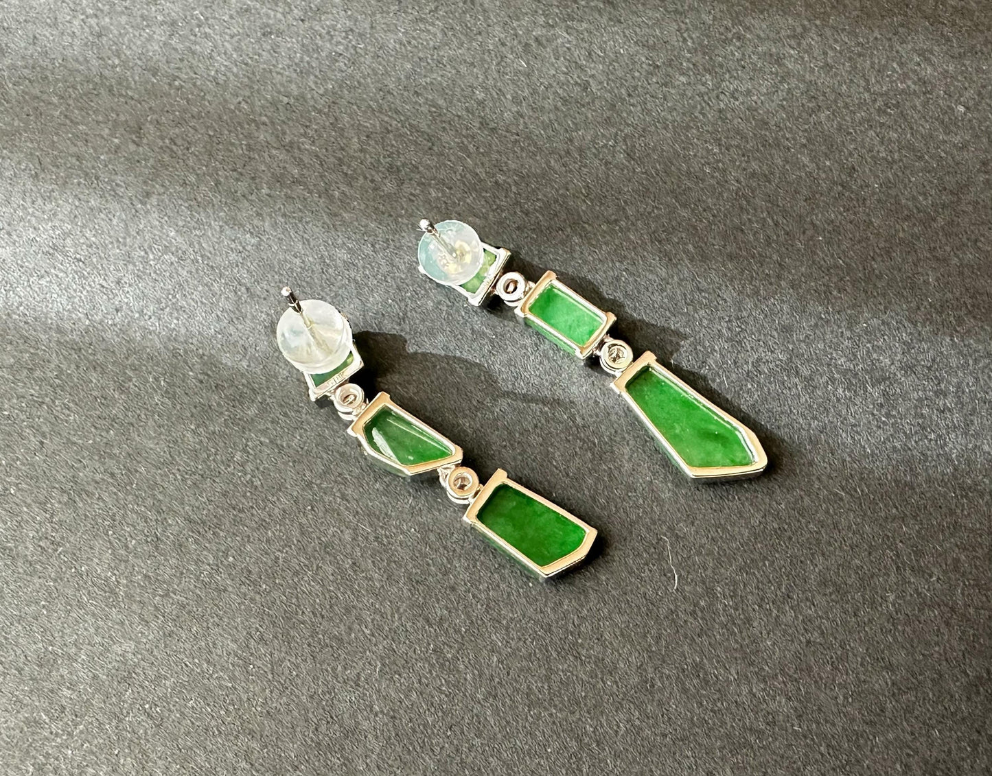 Natural Myanmar Icy Type Vivid Green Asymmetric Jade Earrings in 18K White Gold with Diamond