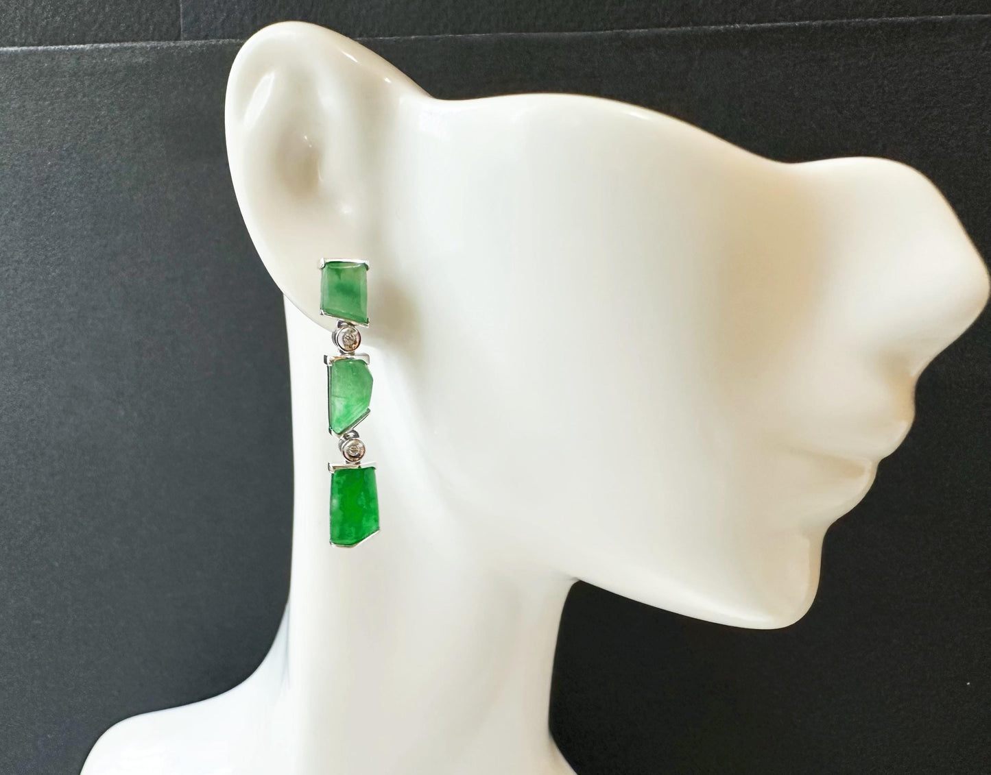 Natural Myanmar Icy Type Vivid Green Asymmetric Jade Earrings in 18K White Gold with Diamond