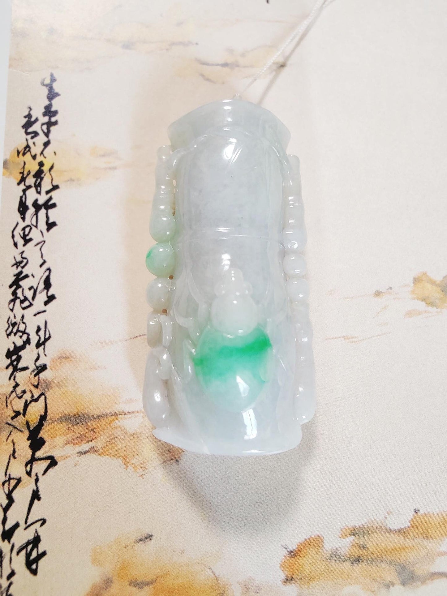 Natural Myanmar Type A Moss on Snow Bamboo with Beetle Jade Pendant, Jadeite Sculpture