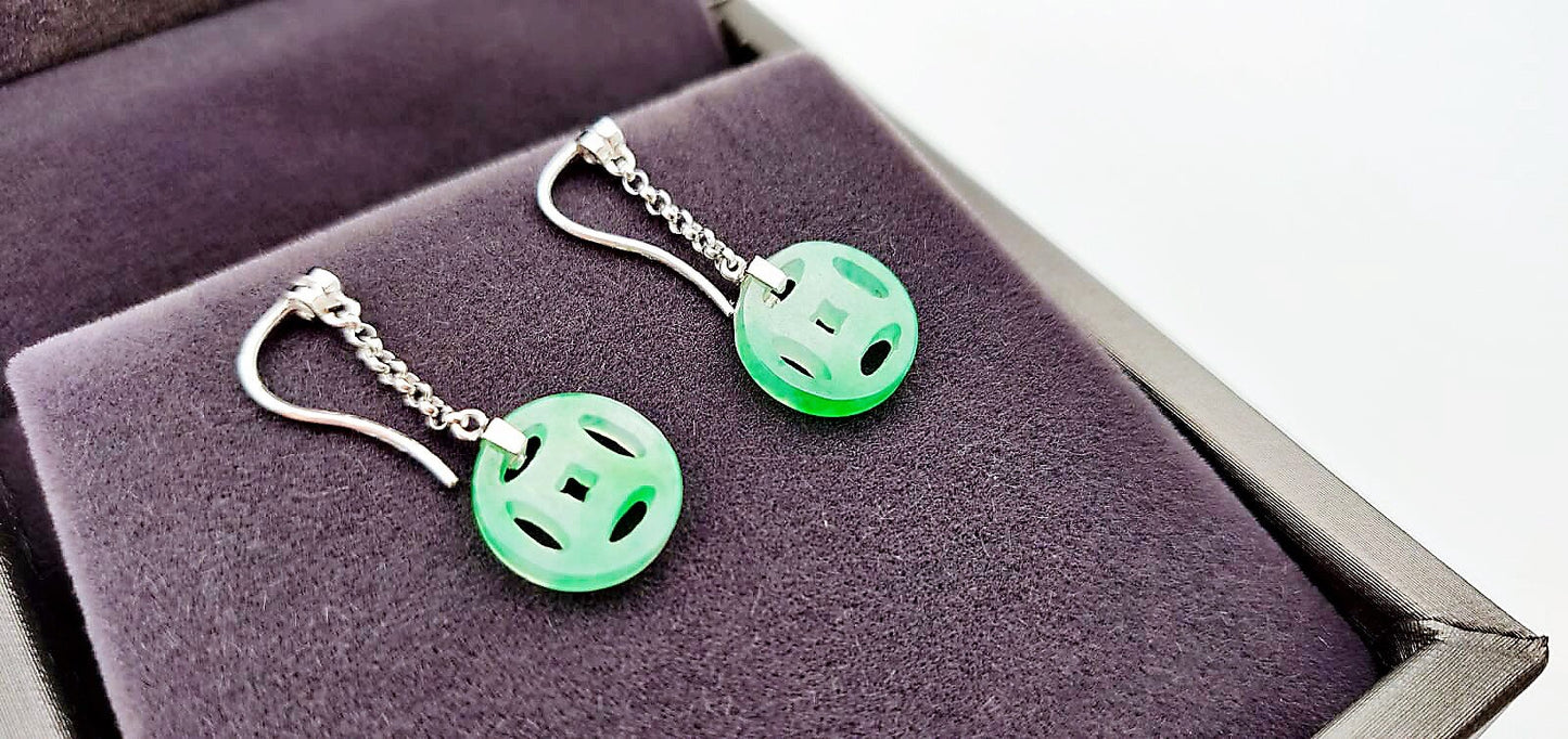 Vivid Green Jadeite Drop Ancient Coin Earrings