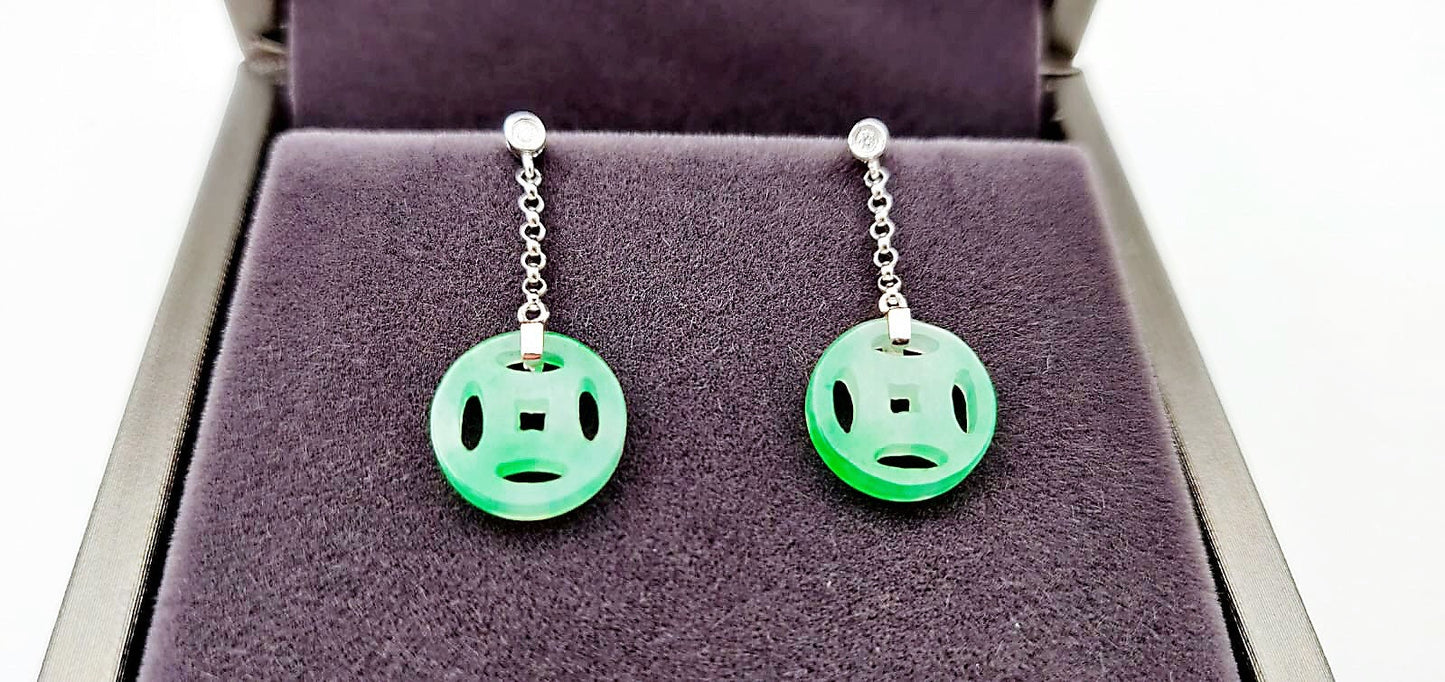 Vivid Green Jadeite Drop Ancient Coin Earrings