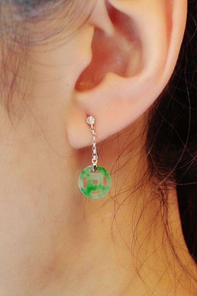 Vivid Green Jadeite Drop Ancient Coin Earrings