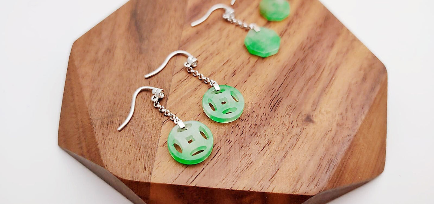 Vivid Green Jadeite Drop Ancient Coin Earrings