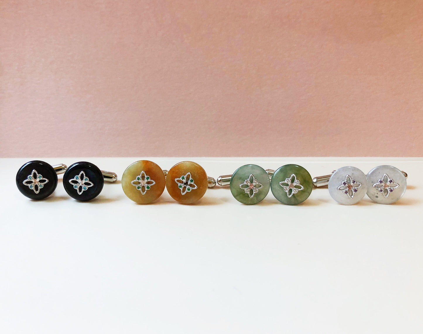 Natural Myanmar Yellow Jade Unisex Cufflinks — Type A Jadeite in 925 Silver