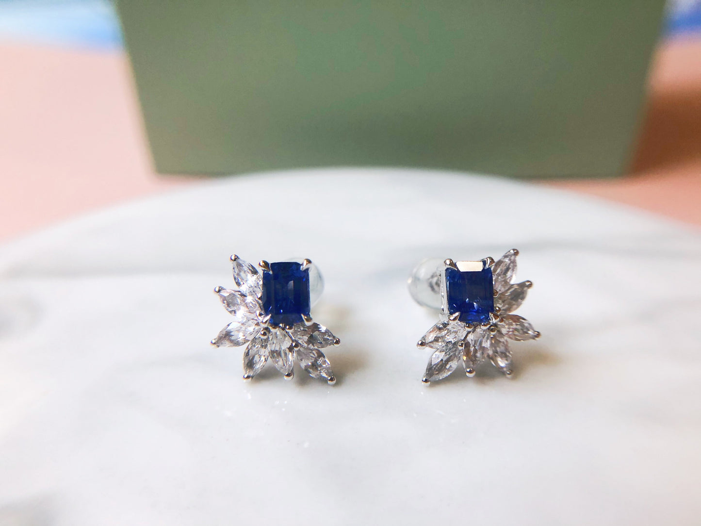 1.08 Ct Certified Royal Blue Sapphire set with White Sapphire and 18K White Gold Earrings