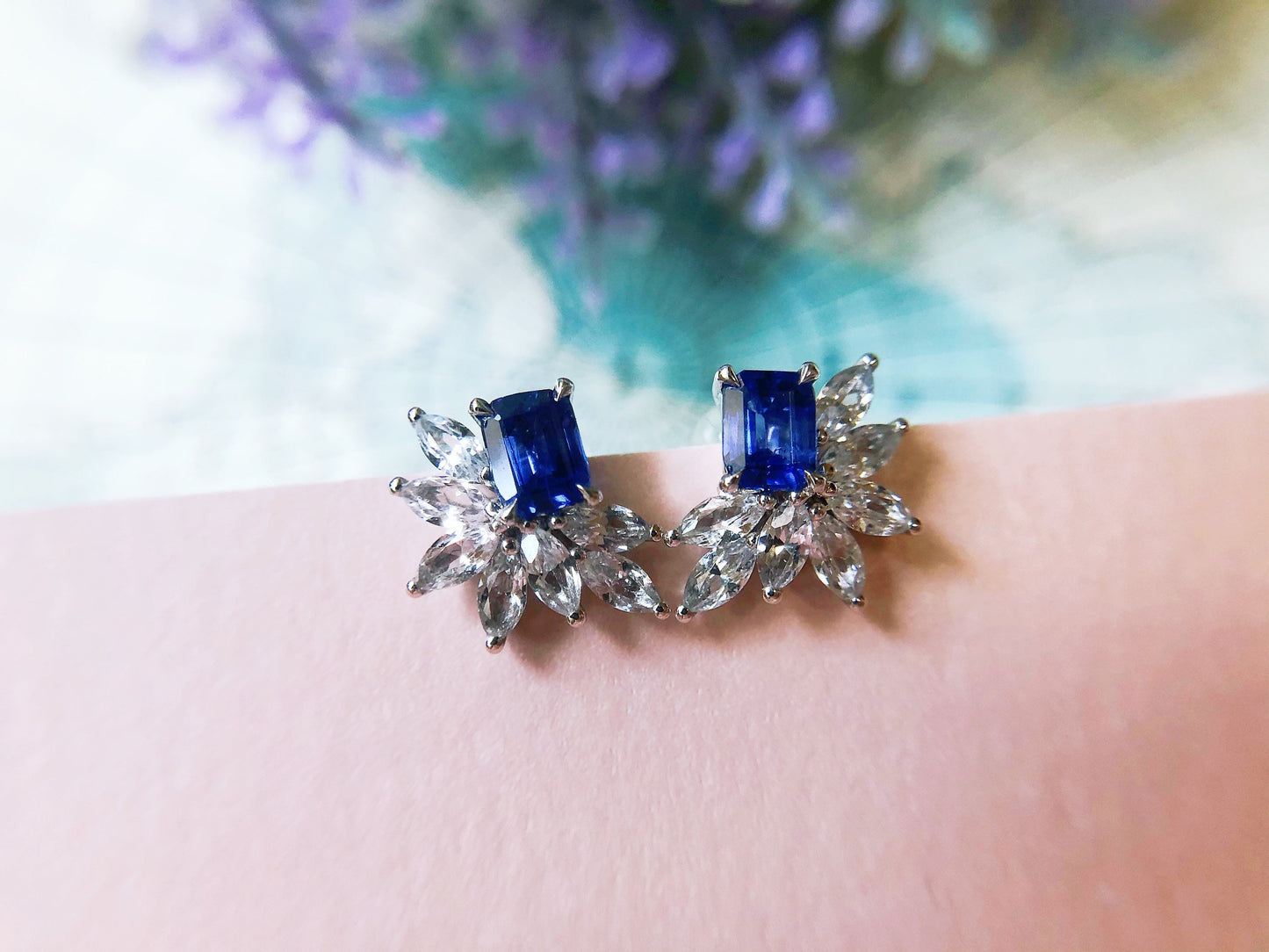 1.08 Ct Certified Royal Blue Sapphire set with White Sapphire and 18K White Gold Earrings