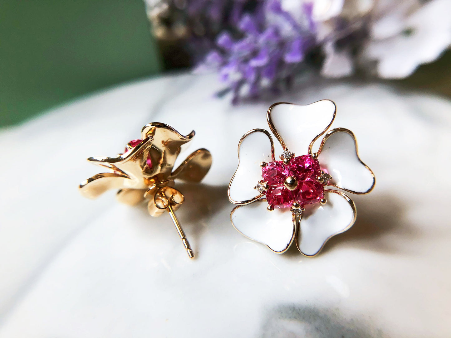 Natural Burmese Pink Spinel Flower Ear Studs with Diamond and 14K Gold
