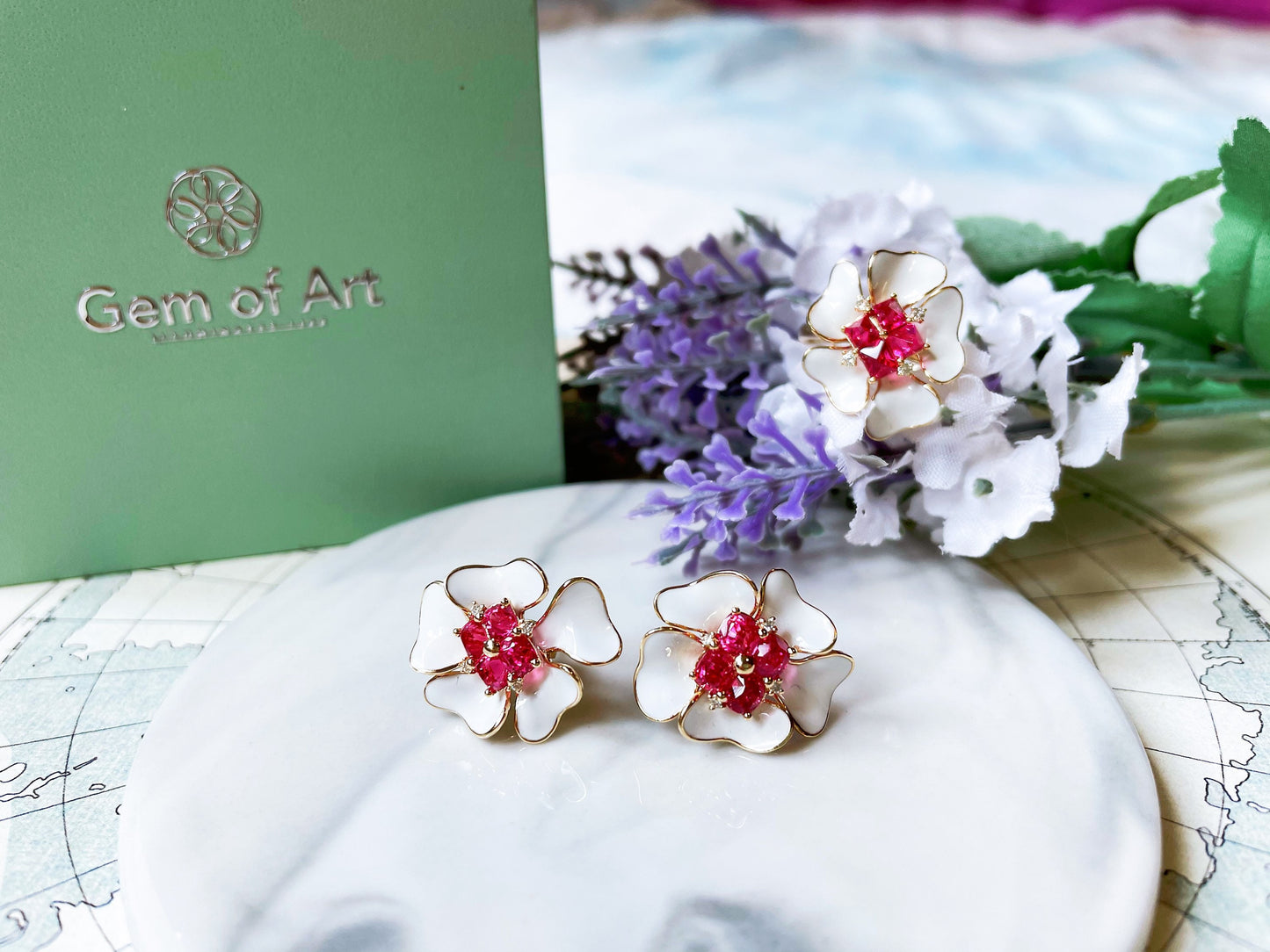 Natural Burmese Pink Spinel Flower Ear Studs with Diamond and 14K Gold