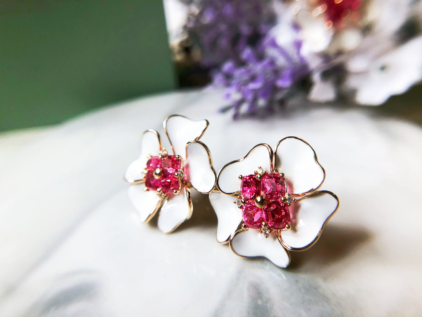 Natural Burmese Pink Spinel Flower Ear Studs with Diamond and 14K Gold