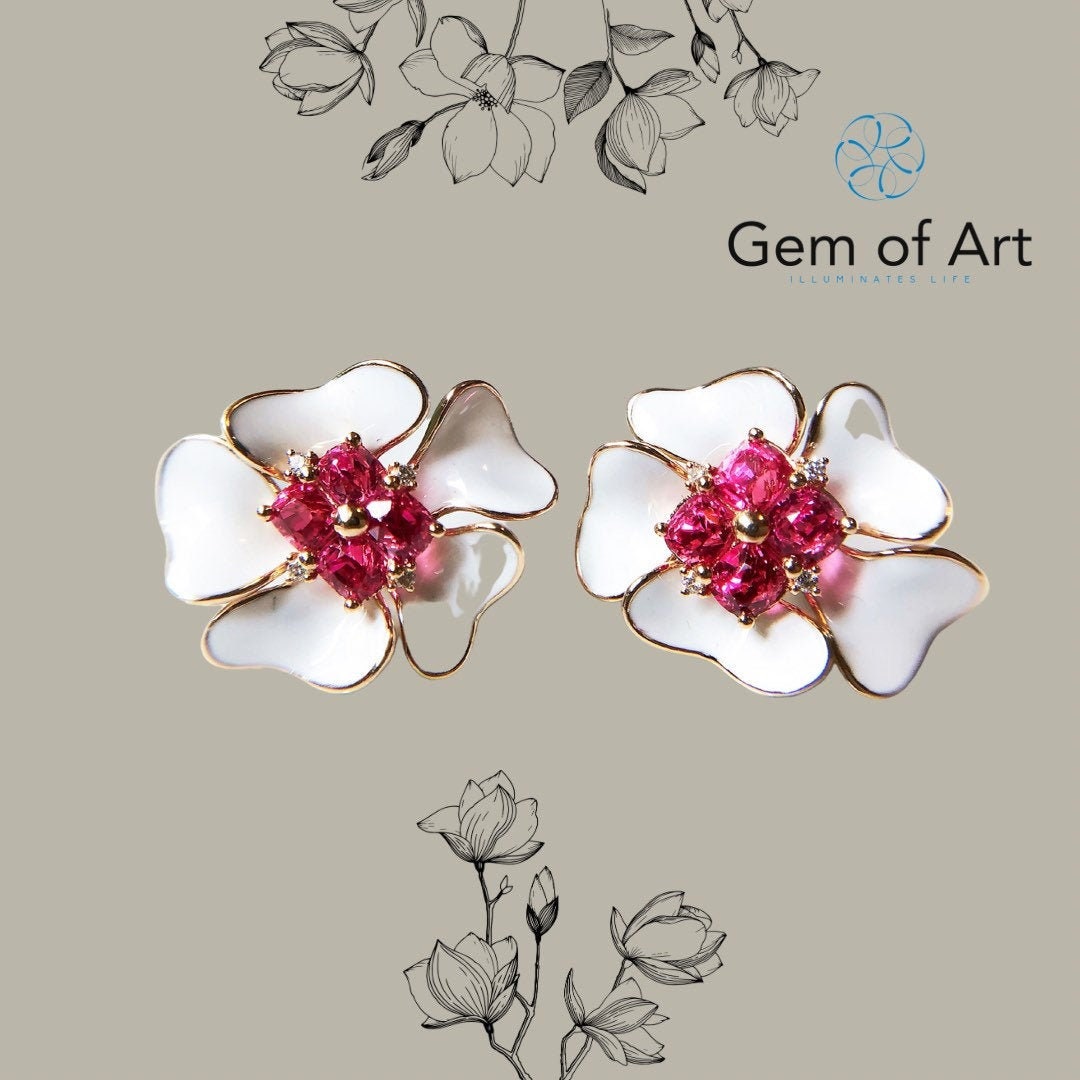 Natural Burmese Pink Spinel Flower Ear Studs with Diamond and 14K Gold