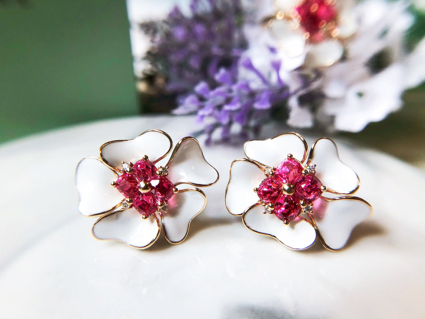 Natural Burmese Pink Spinel Flower Ear Studs with Diamond and 14K Gold