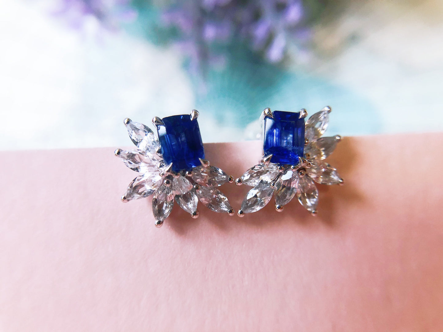 1.08 Ct Certified Royal Blue Sapphire set with White Sapphire and 18K White Gold Earrings
