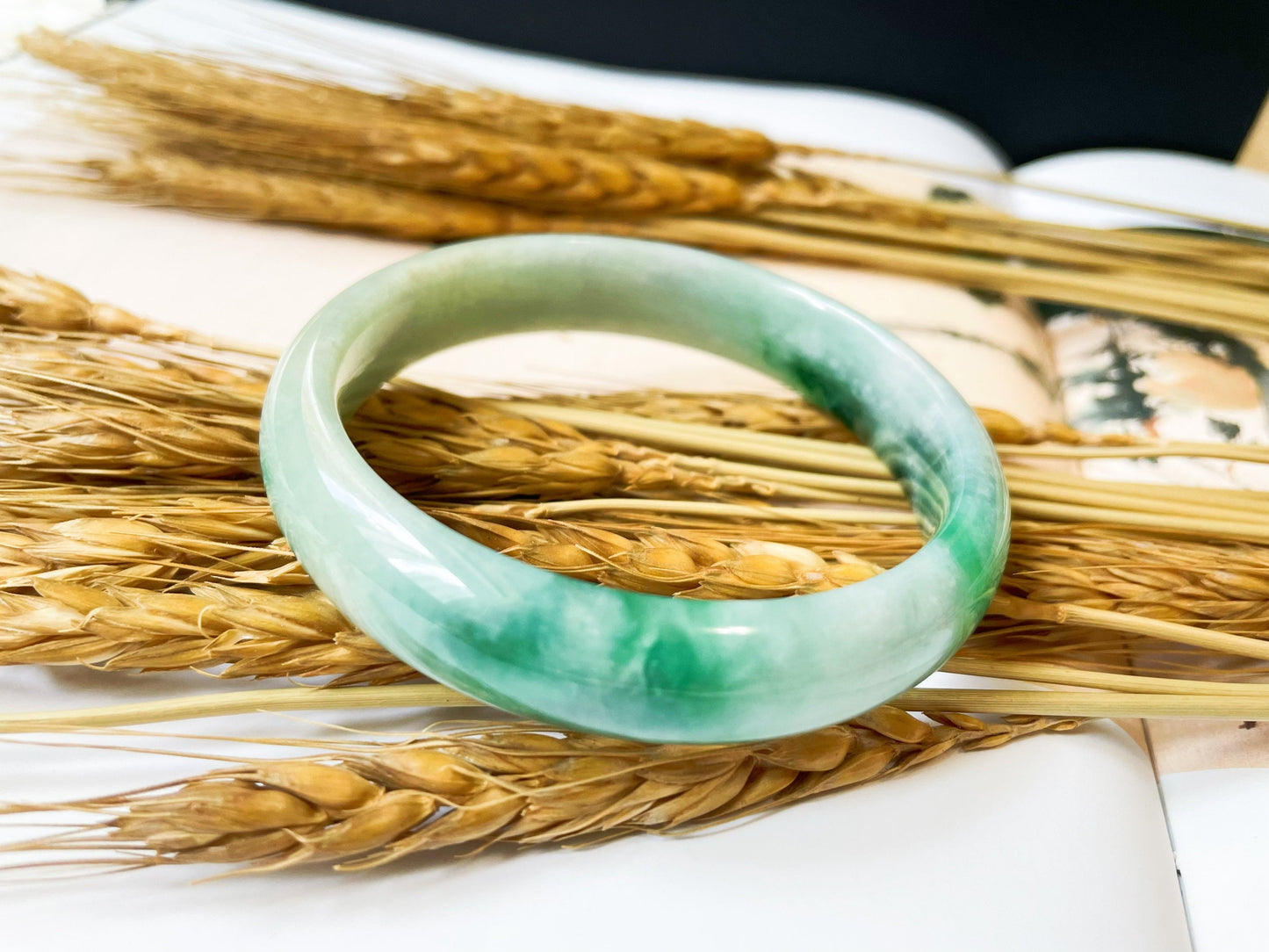 Icy Type Bluish Green Jade Bangle - 57.9 mm