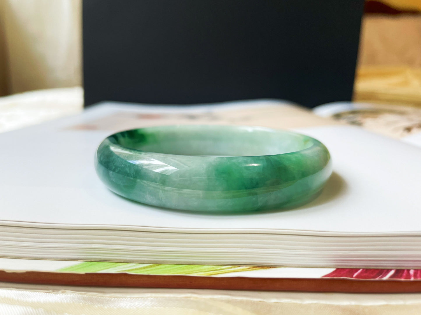 Icy Type Bluish Green Jade Bangle - 57.9 mm