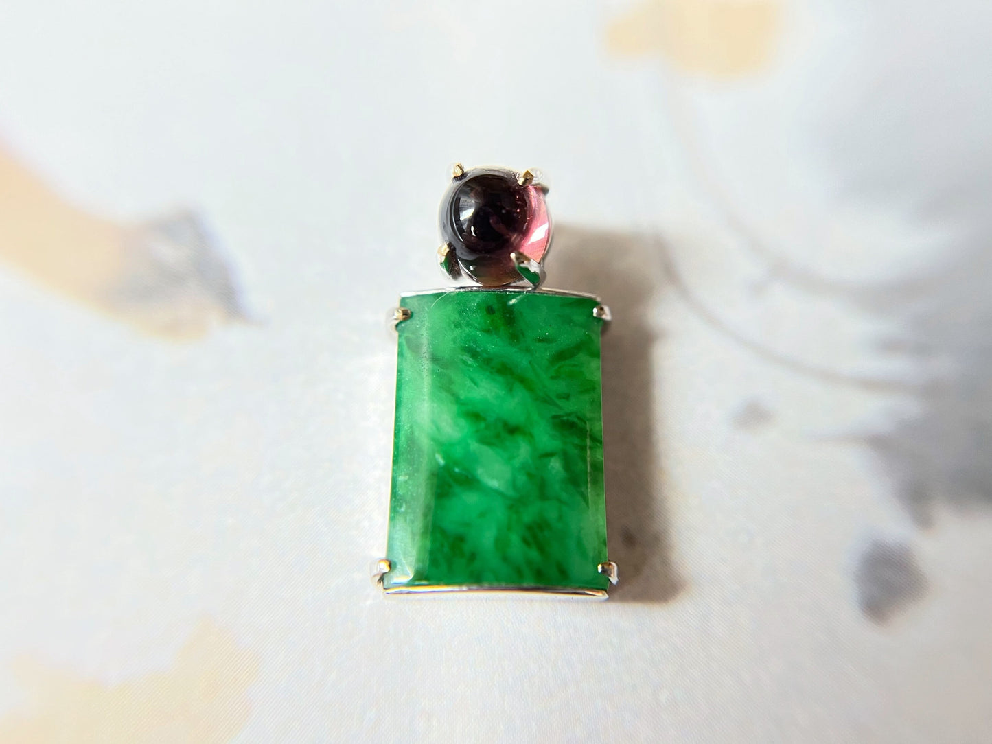 Vivid Green Jade Pendant with Pink Toumarline in 18K White Gold