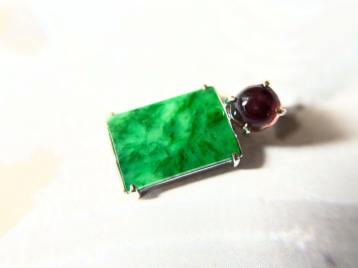 Vivid Green Jade Pendant with Pink Toumarline in 18K White Gold