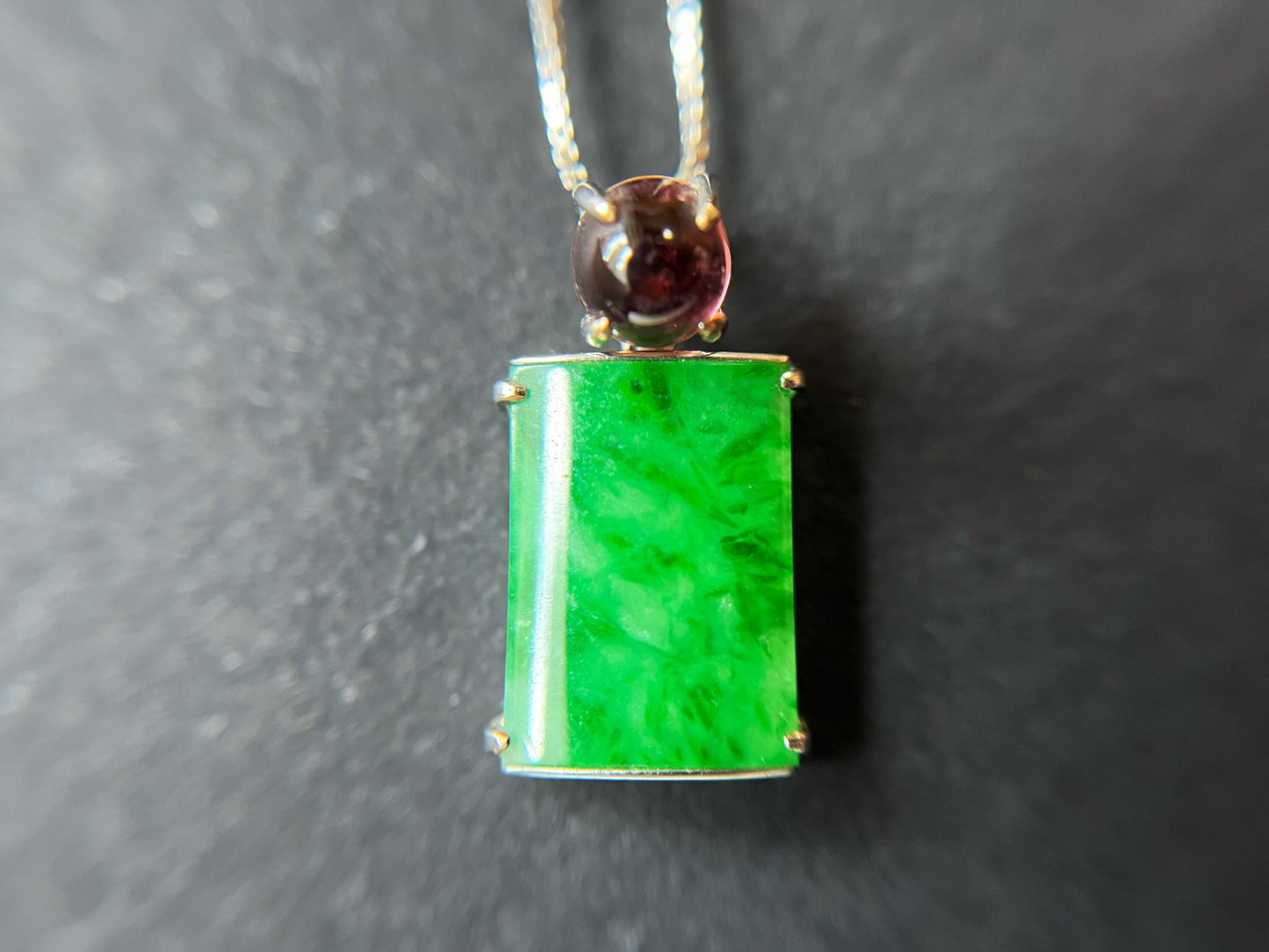 Vivid Green Jade Pendant with Pink Toumarline in 18K White Gold