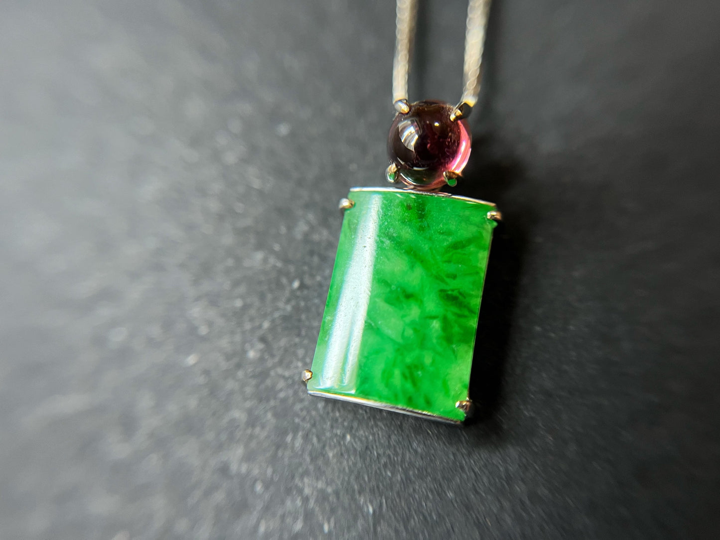 Vivid Green Jade Pendant with Pink Toumarline in 18K White Gold