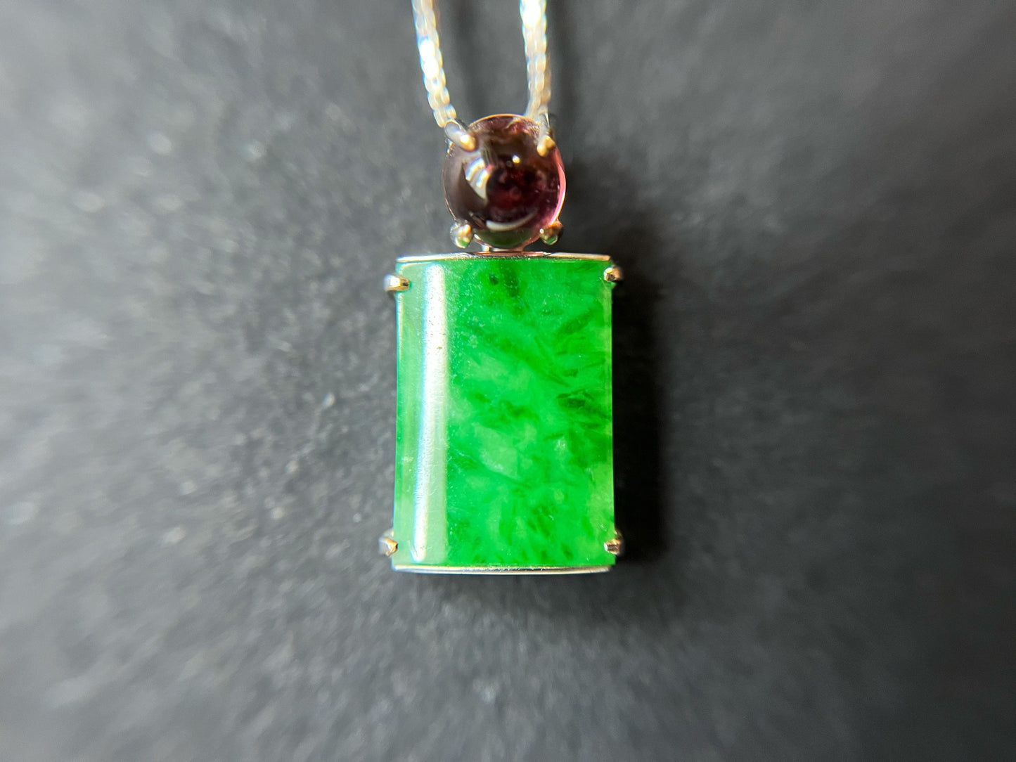 Vivid Green Jade Pendant with Pink Toumarline in 18K White Gold