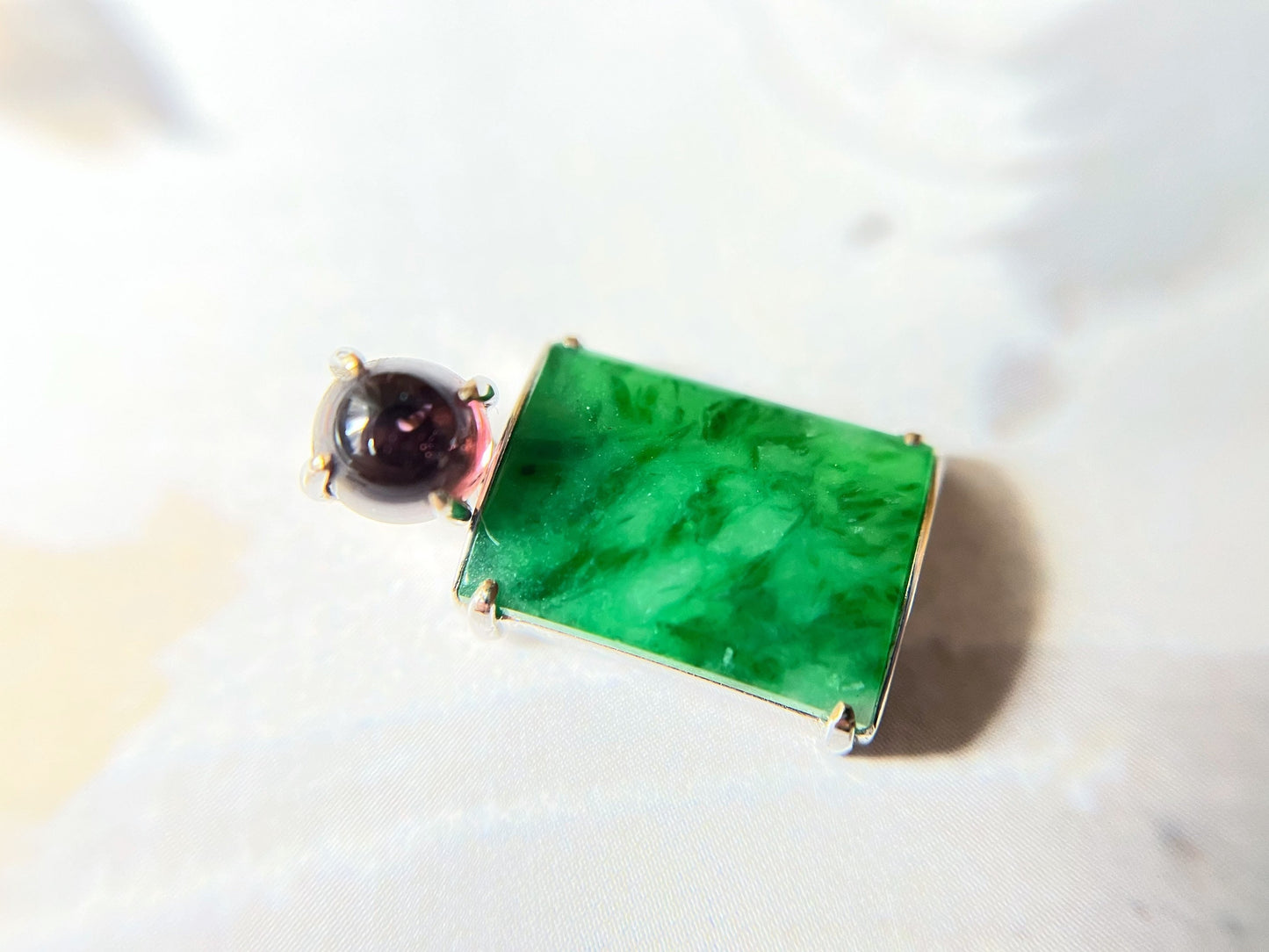 Vivid Green Jade Pendant with Pink Toumarline in 18K White Gold