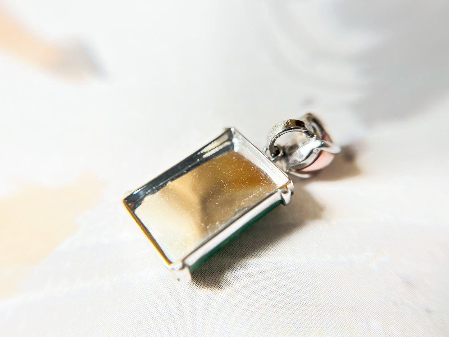 Vivid Green Jade Pendant with Pink Toumarline in 18K White Gold
