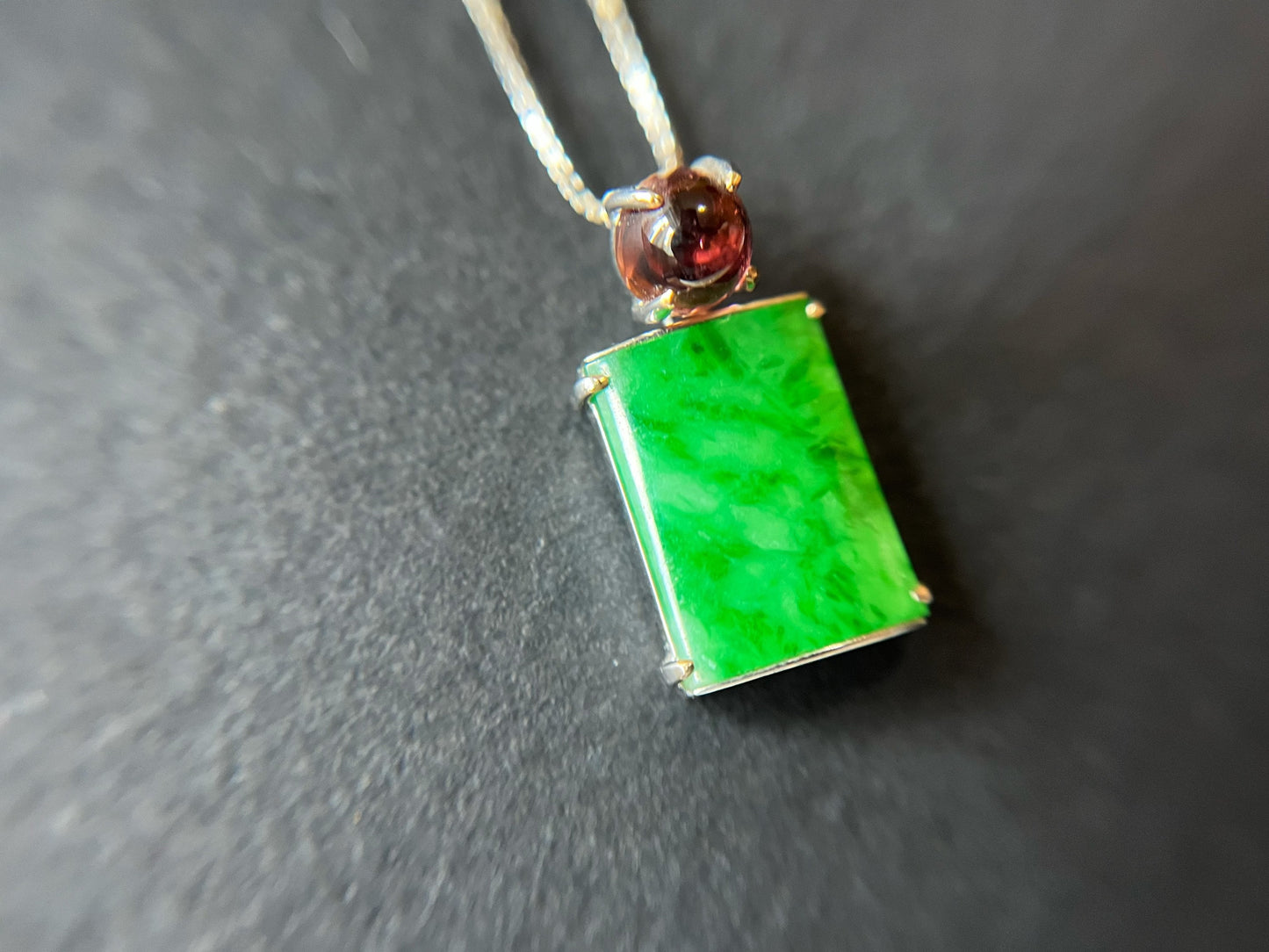 Vivid Green Jade Pendant with Pink Toumarline in 18K White Gold