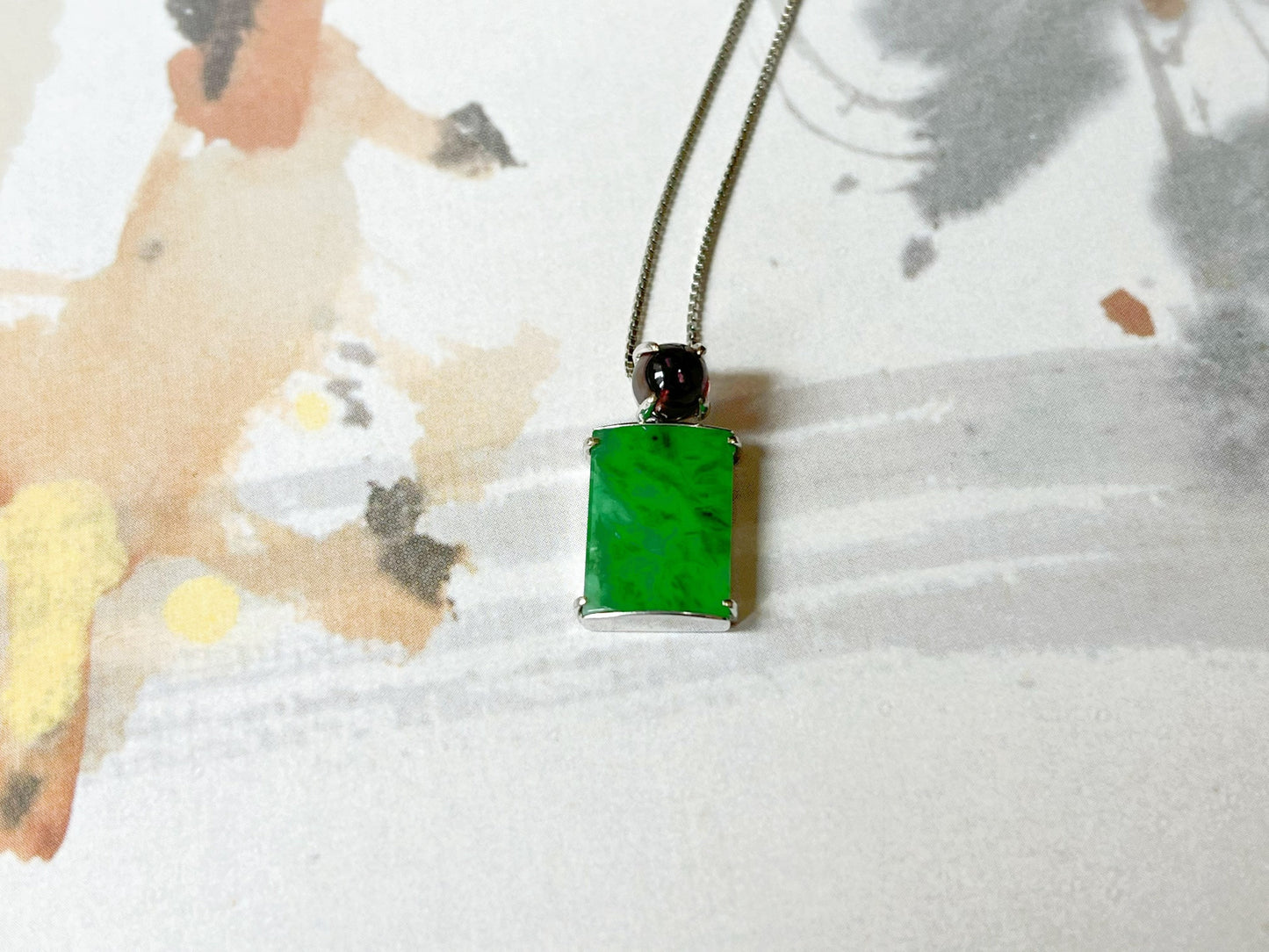 Vivid Green Jade Pendant with Pink Toumarline in 18K White Gold