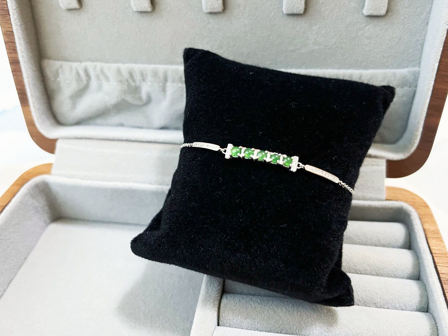 Green Jadeite Bracelet - Sterling Silver with Zircon Accents