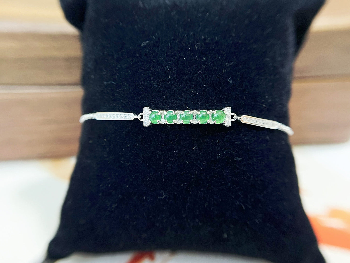 Green Jadeite Bracelet - Sterling Silver with Zircon Accents