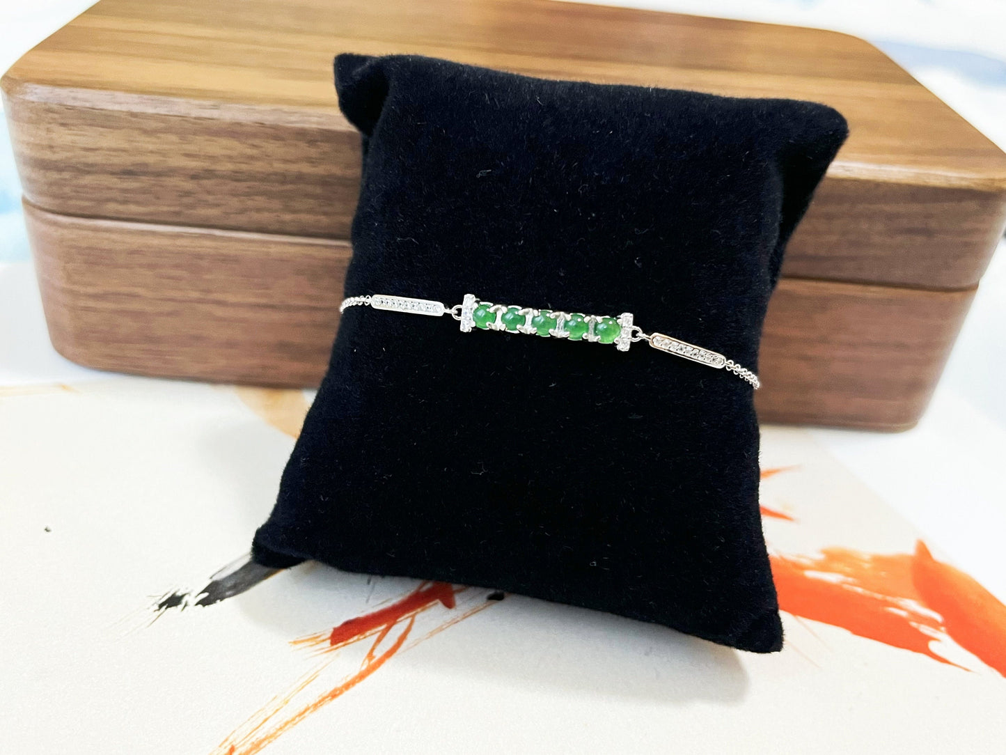 Green Jadeite Bracelet - Sterling Silver with Zircon Accents