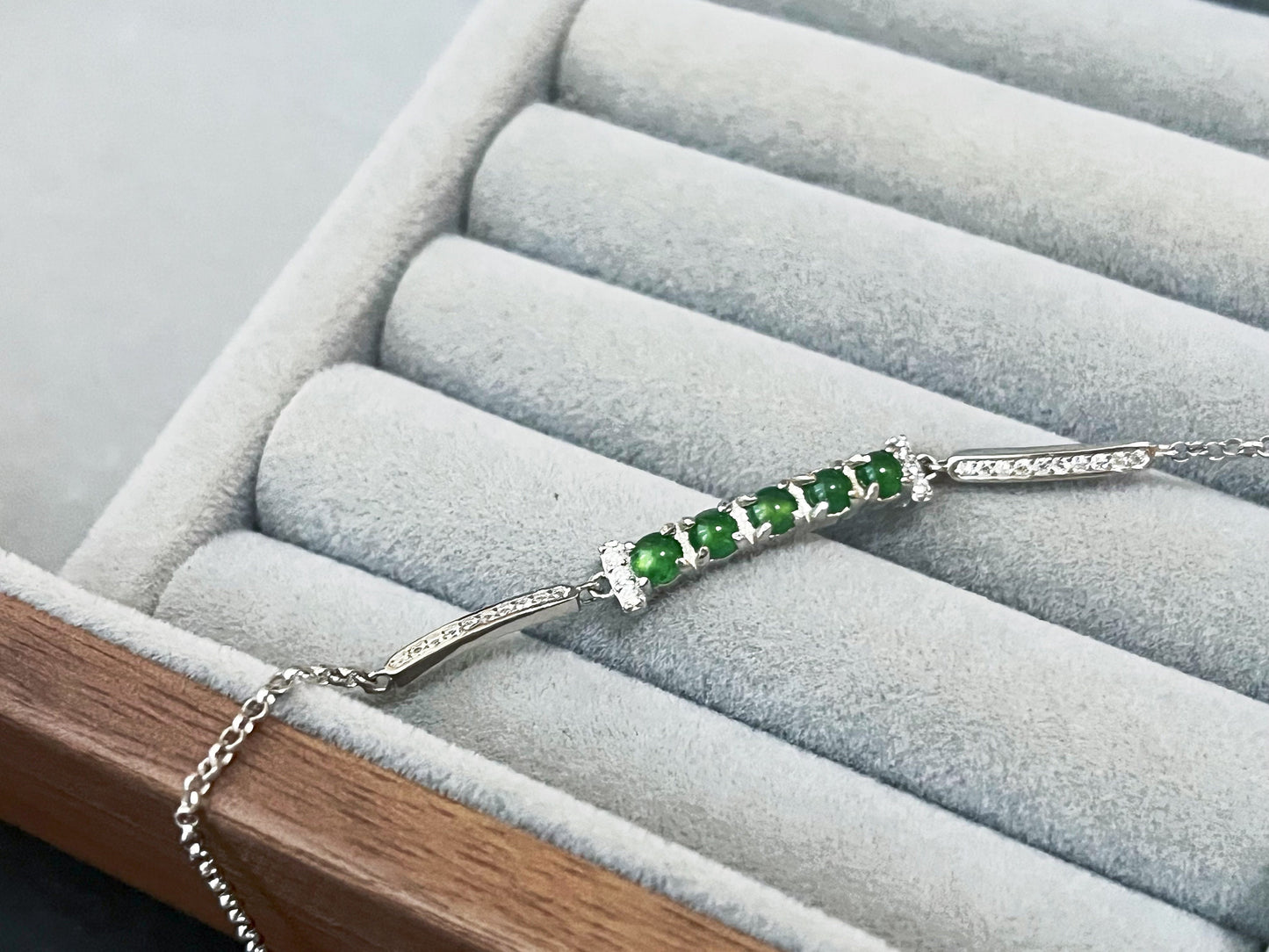 Green Jadeite Bracelet - Sterling Silver with Zircon Accents