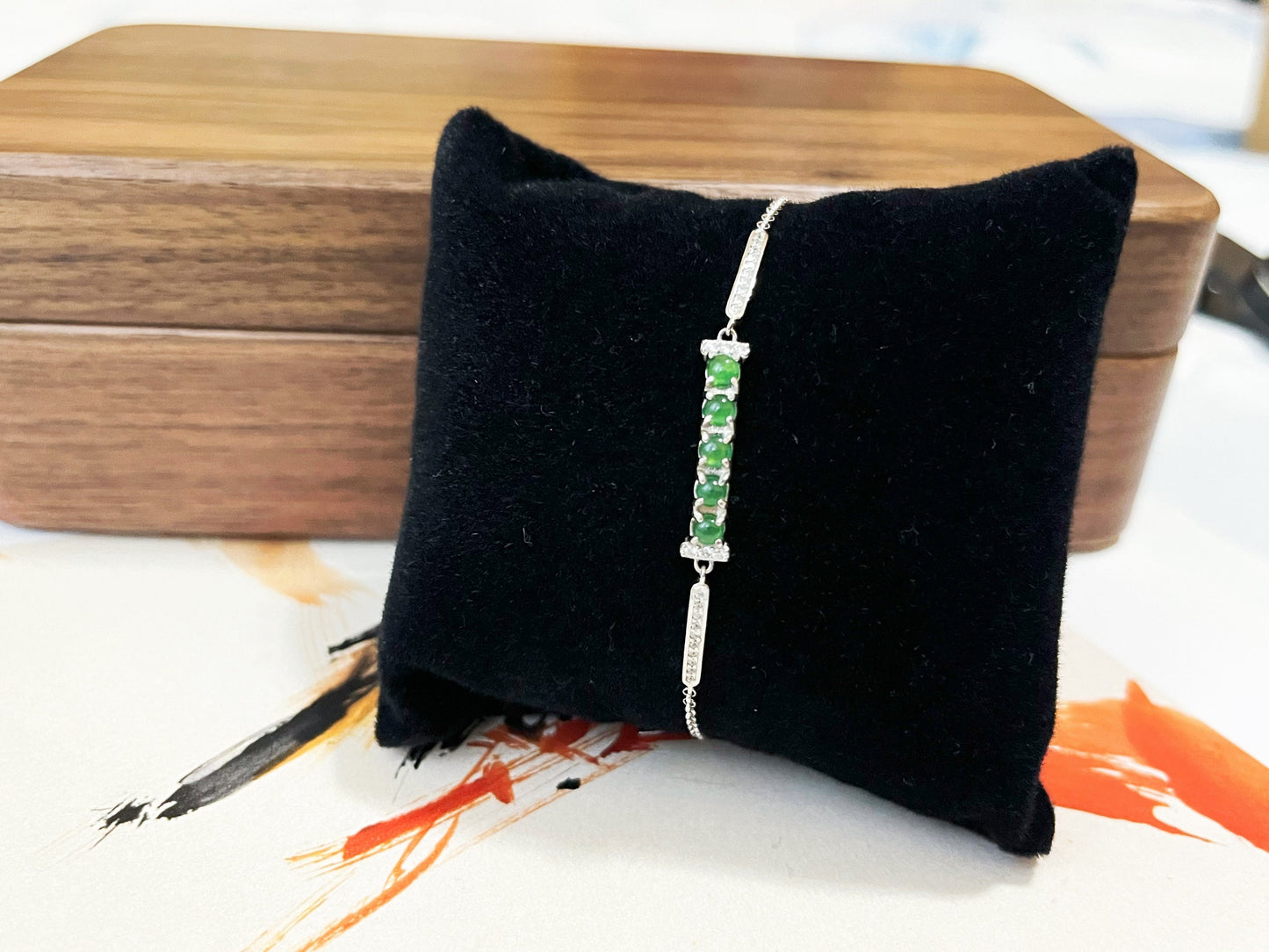 Green Jadeite Bracelet - Sterling Silver with Zircon Accents