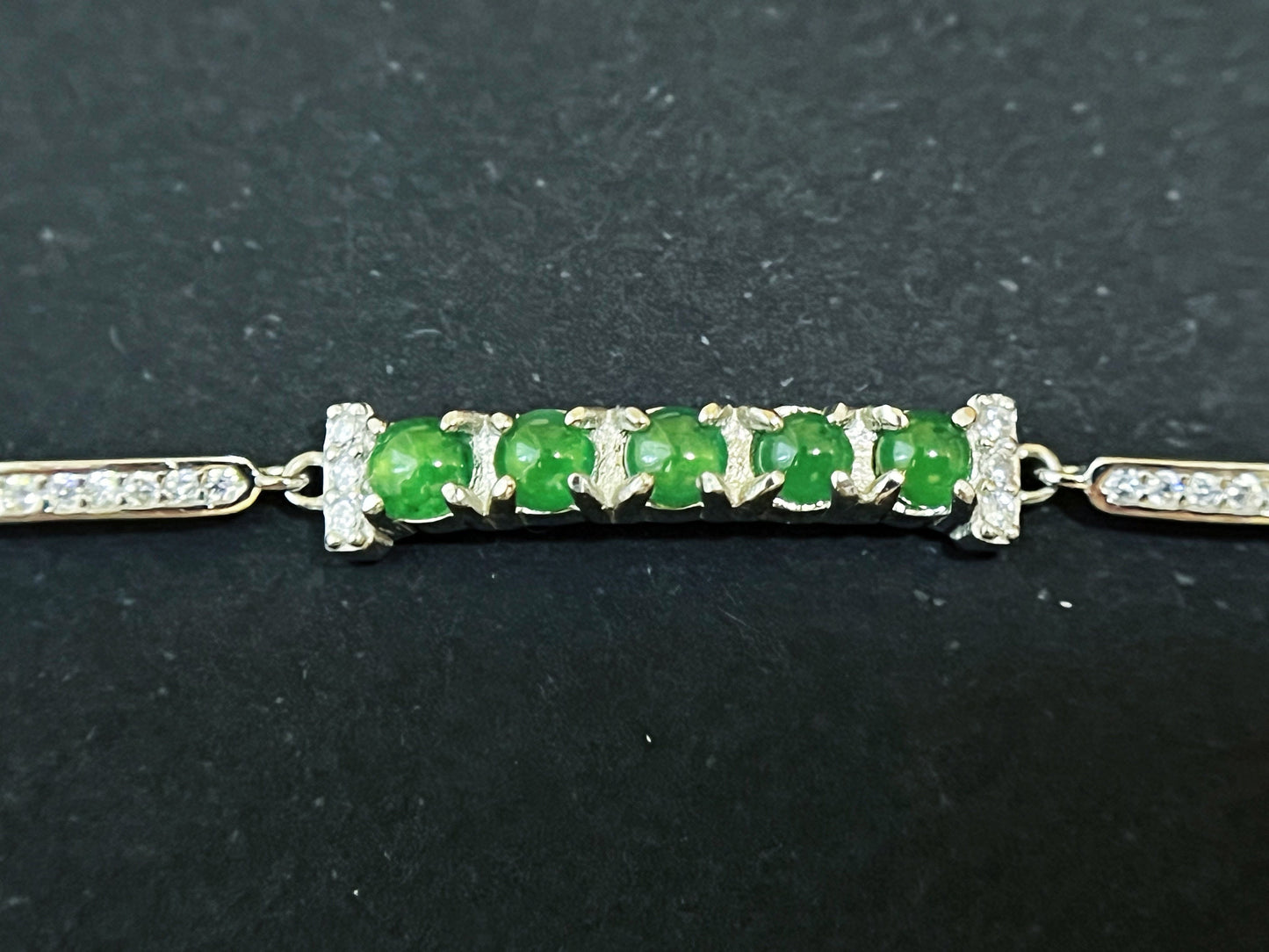 Natural Myanmar Icy Texture Vivid Green Jade Cabochon Silver Bracelet with Zircons
