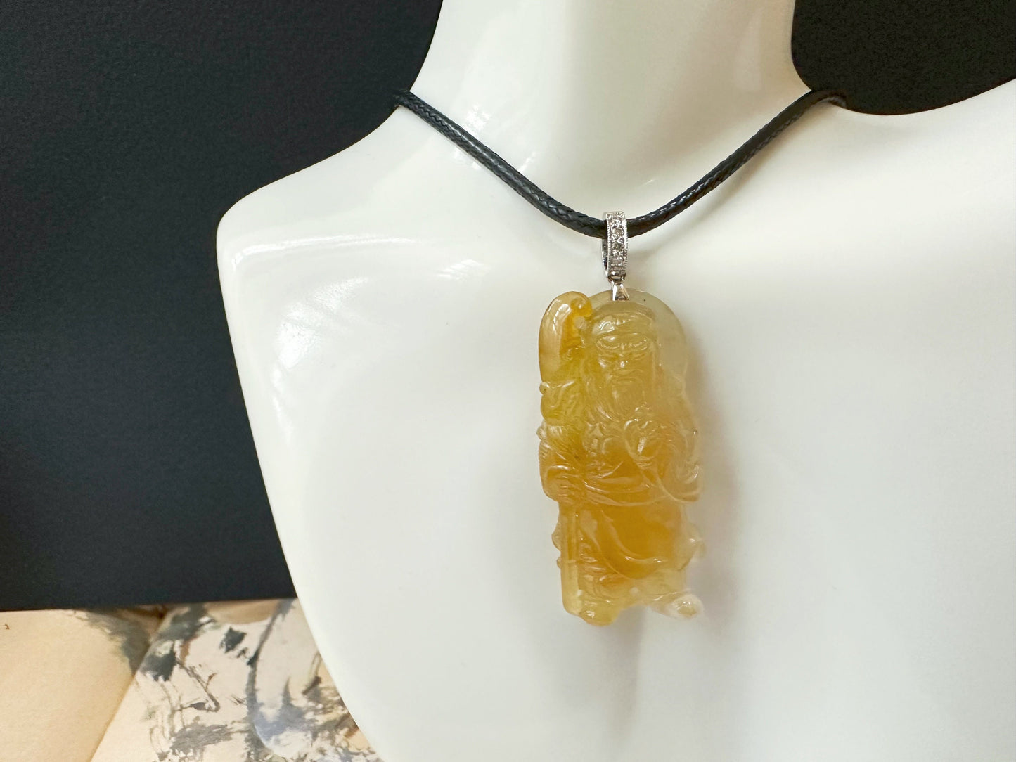 Natural Myanmar Icy Type Jadeite Guan Gong Guan Yu Pendant, God of Wealth