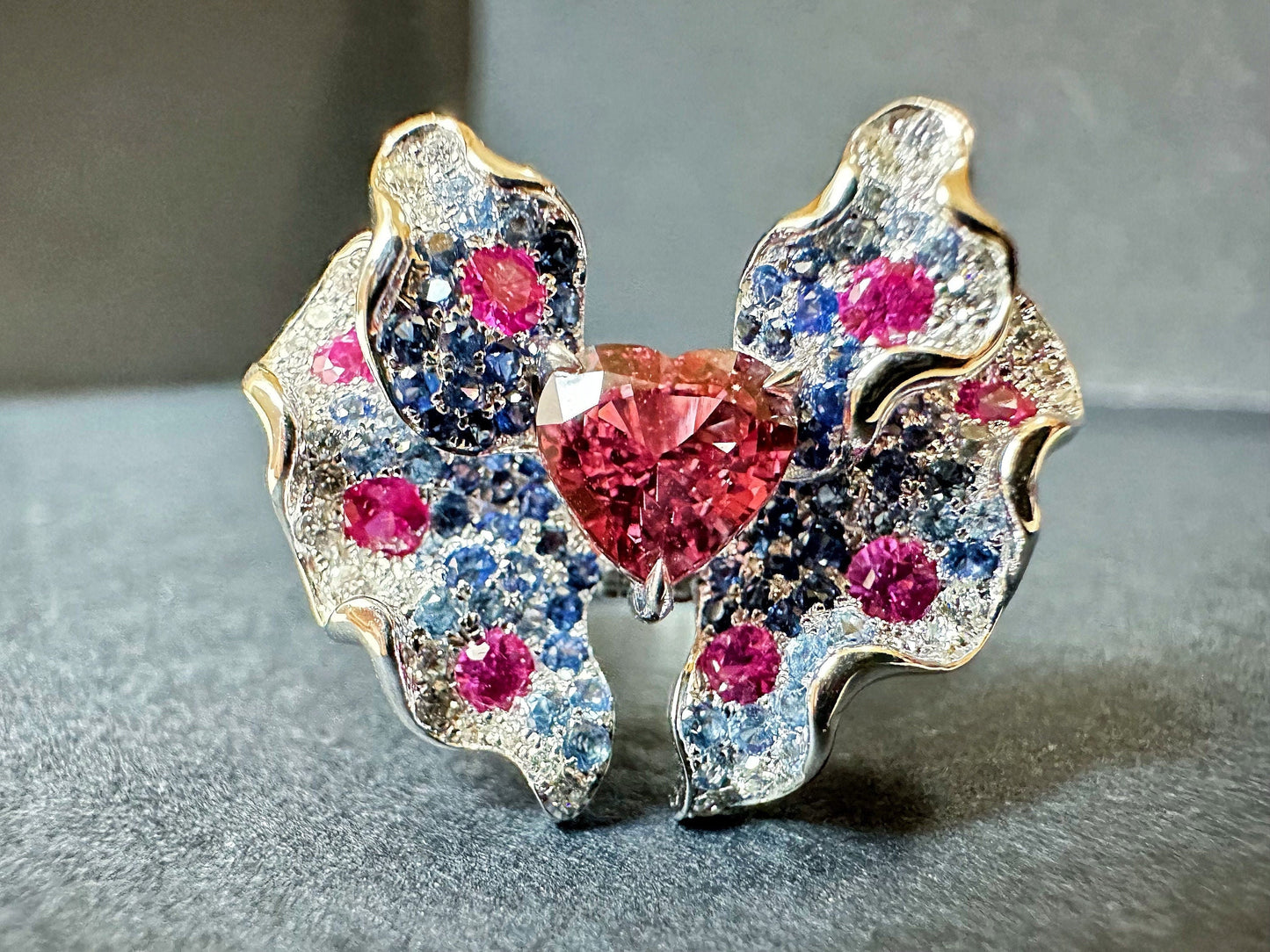 Certified Padparadscha Sapphire Butterfly 18K White Gold Ring and Pendant - Two Way
