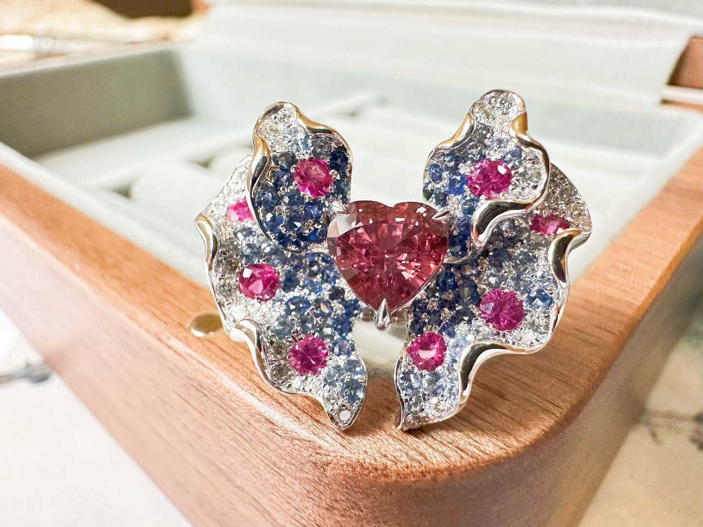 Certified Padparadscha Sapphire Butterfly 18K White Gold Ring and Pendant - Two Way