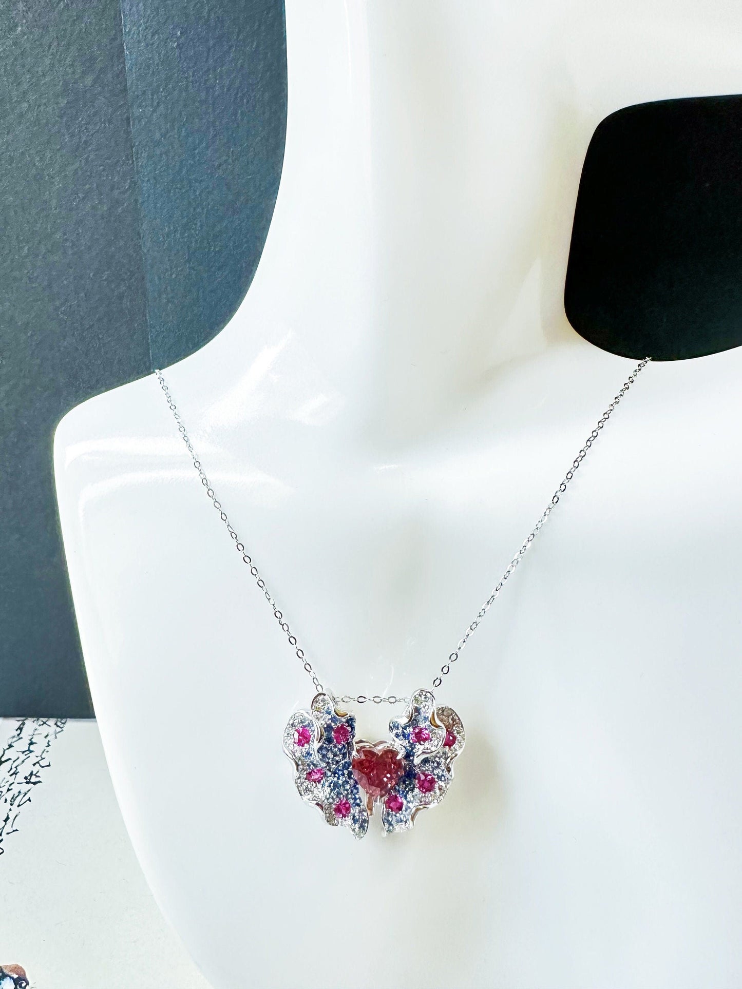 Certified Padparadscha Sapphire Butterfly 18K White Gold Ring and Pendant - Two Way