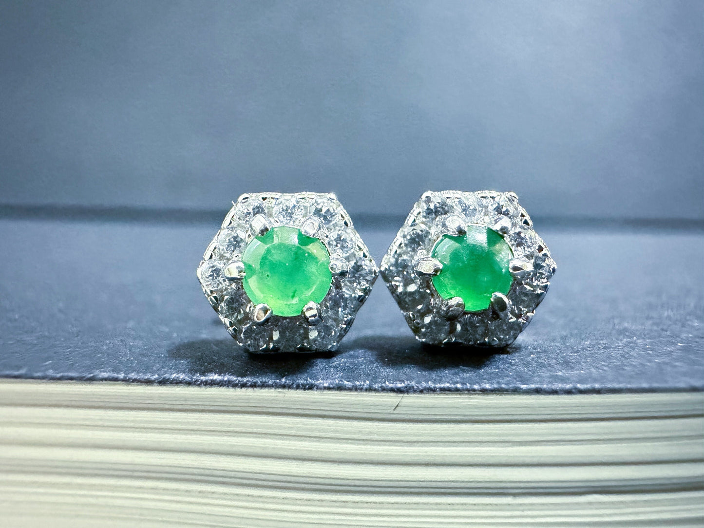 Natural Myanmar Imperial Green Jade Cabochons Ear Studs in 925 Sterling Silver and Zircons