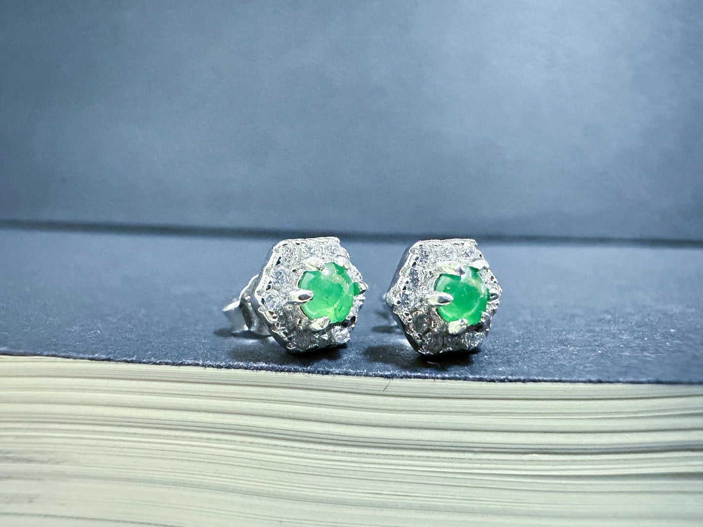 Natural Myanmar Imperial Green Jade Cabochons Ear Studs in 925 Sterling Silver and Zircons