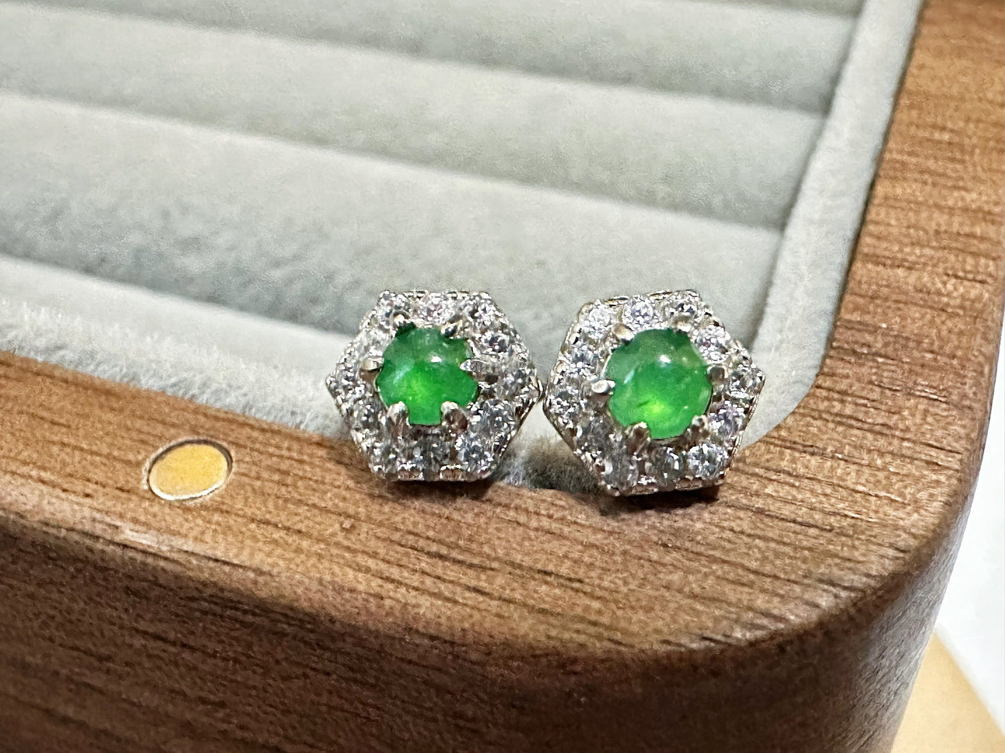 Natural Myanmar Imperial Green Jade Cabochons Ear Studs in 925 Sterling Silver and Zircons
